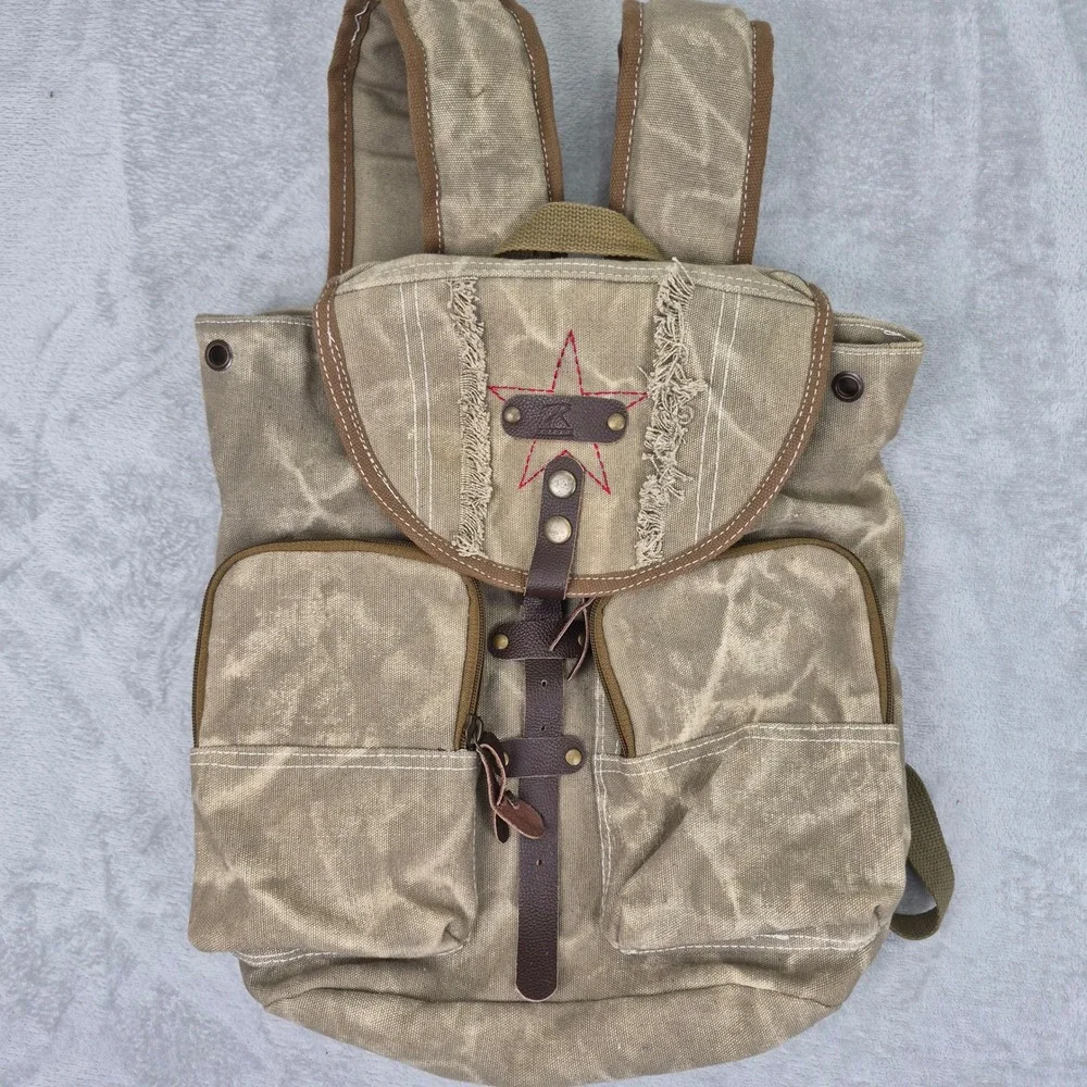Canvas Military Rucksack Backpack Red Star Detail Mens Womens Outdoor Hiking